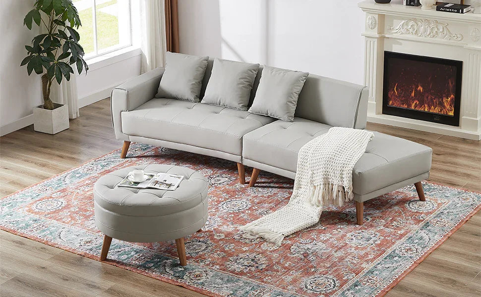 107 Inch Contemporary Sofa With Round Storage Ottoman Grey - Furniture Home Direct