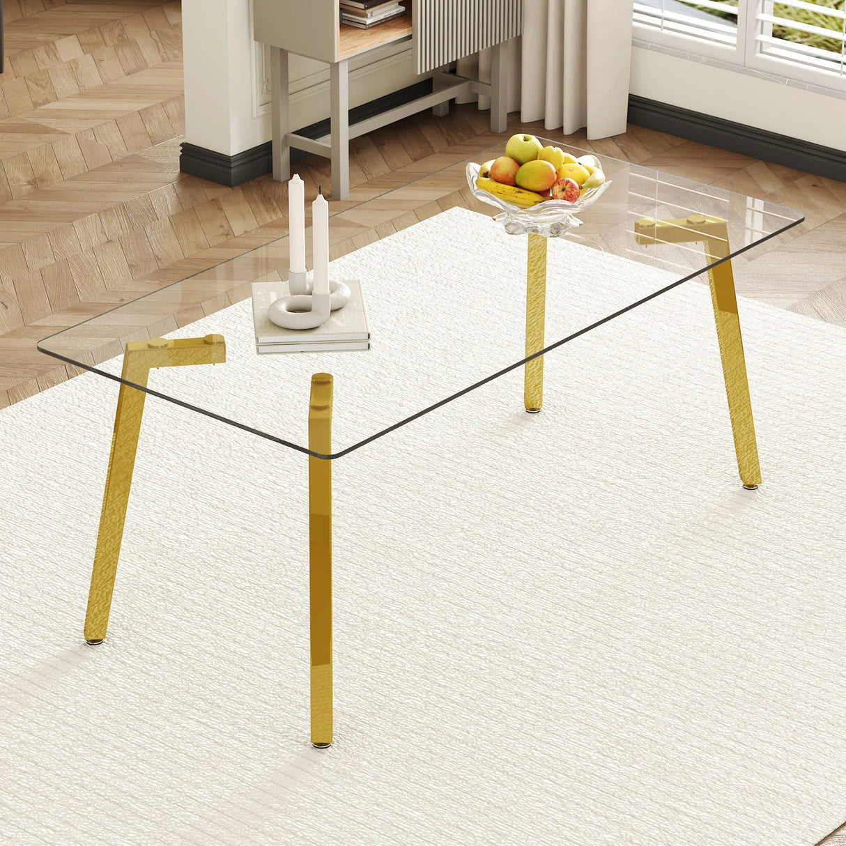 Minimalist Rectangular Dining Table With Transparent Glass Top And Metal Legs - Furniture Home Direct