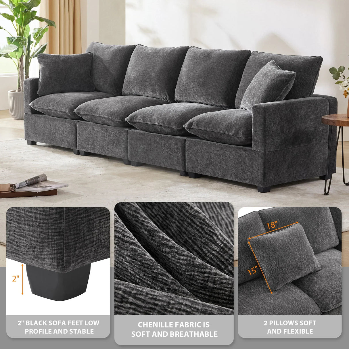 Modern Modular Sofa, 4 Seat Chenille Sectional Couch Set With 2 Pillows Included, Freely Combinable Indoor Funiture For Living Room, Apartment, Office - Furniture Home Direct