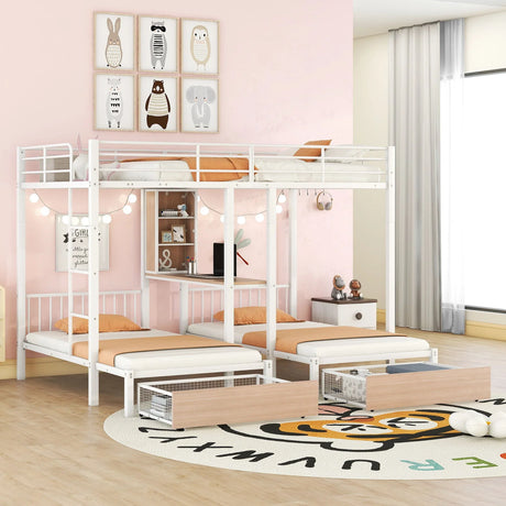 Triple Bunk Bed With Drawers, Multi-Functional Frame With Desks And Shelves In The Middle - Furniture Home Direct