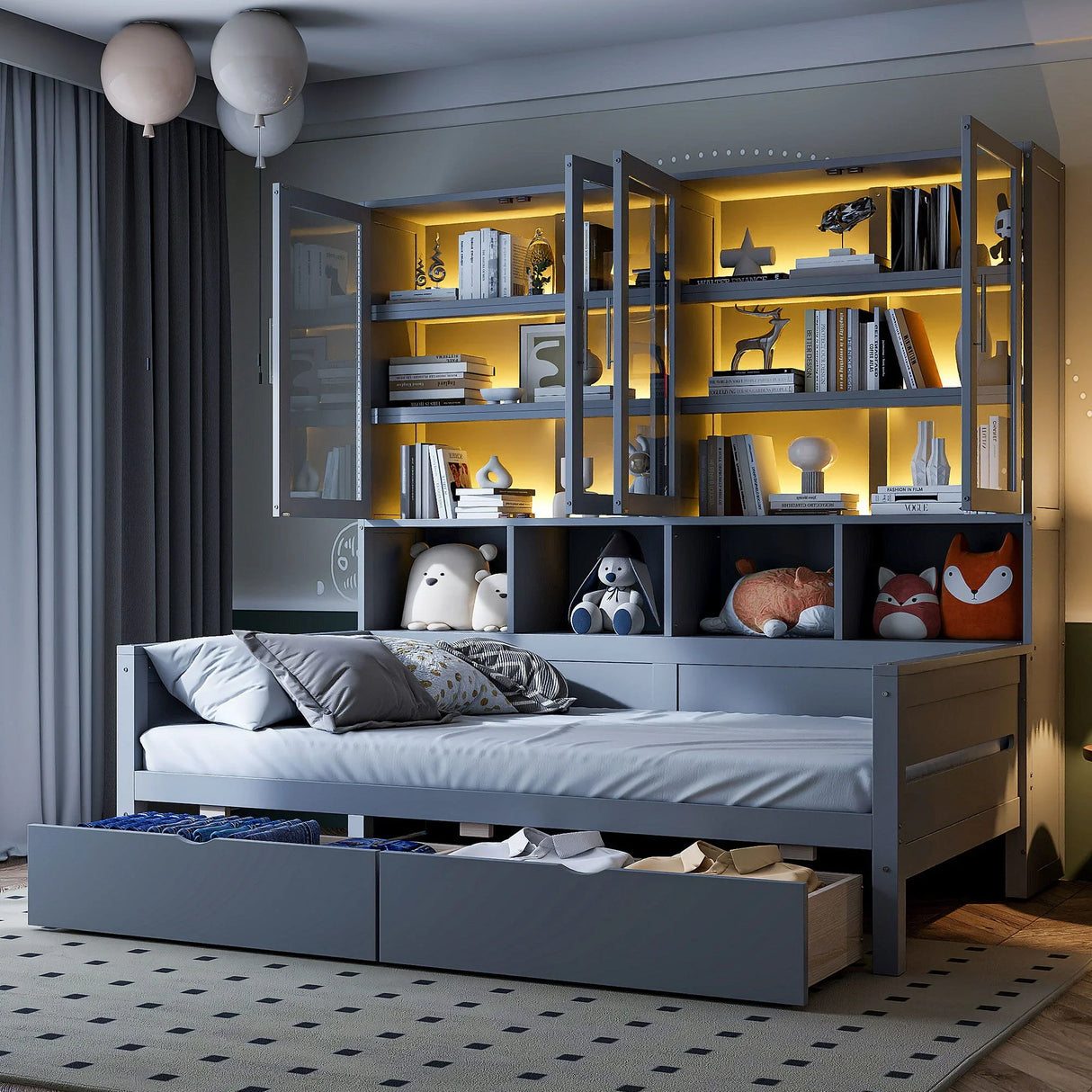Daybed With Glass Door Storage Cabinets, Built In LED Lighting And Shelves - Furniture Home Direct