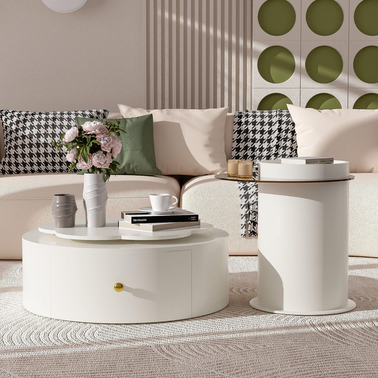 Modern Round Coffee Table (Set of 2), 360 Degree Rotatable Flower Shaped Top With 2 Drawers, Top Circle Side Table End Table With Glass For Living Room - Off White - Furniture Home Direct