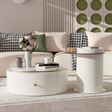Modern Round Coffee Table (Set of 2), 360 Degree Rotatable Flower Shaped Top With 2 Drawers, Top Circle Side Table End Table With Glass For Living Room - Off White - Furniture Home Direct