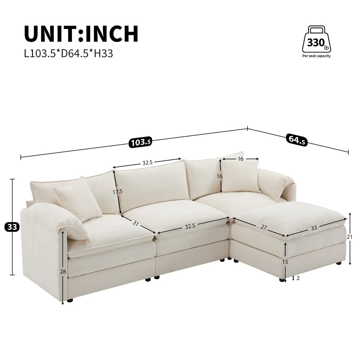 Modular Sectional With Deep And Wide Seat, Cloud Couch Set With Double Cushions Sofa With Movable Ottoman - Furniture Home Direct