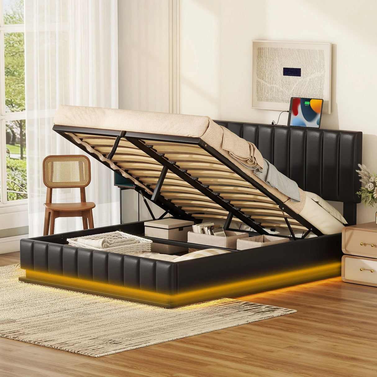 Upholstered Bed With Hydraulic Storage System And LED Light, With Sockets And USB Ports - Furniture Home Direct