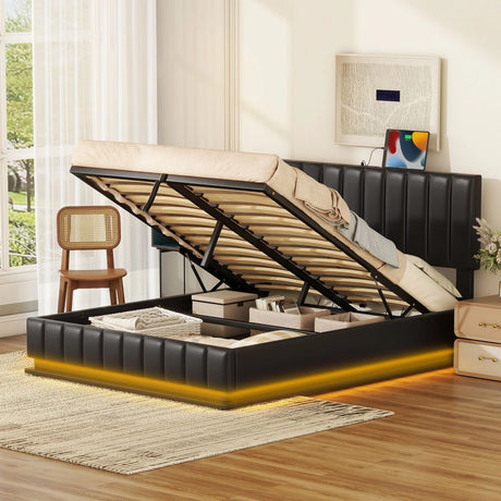 Upholstered Bed With Hydraulic Storage System And LED Light, With Sockets And USB Ports - Furniture Home Direct