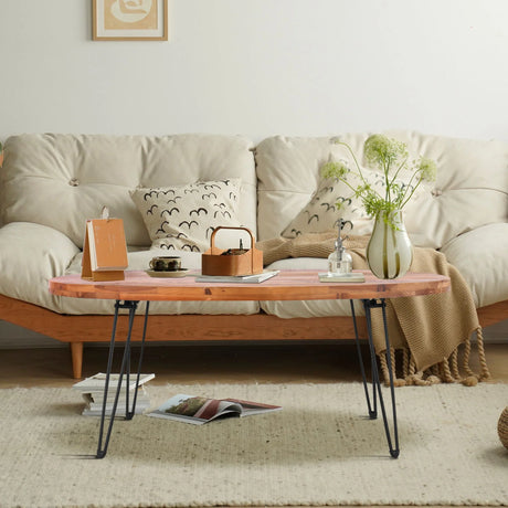 Oval Natural Reclaimed Wood Foldable Coffee Table For Your Living Room - Natural - Furniture Home Direct