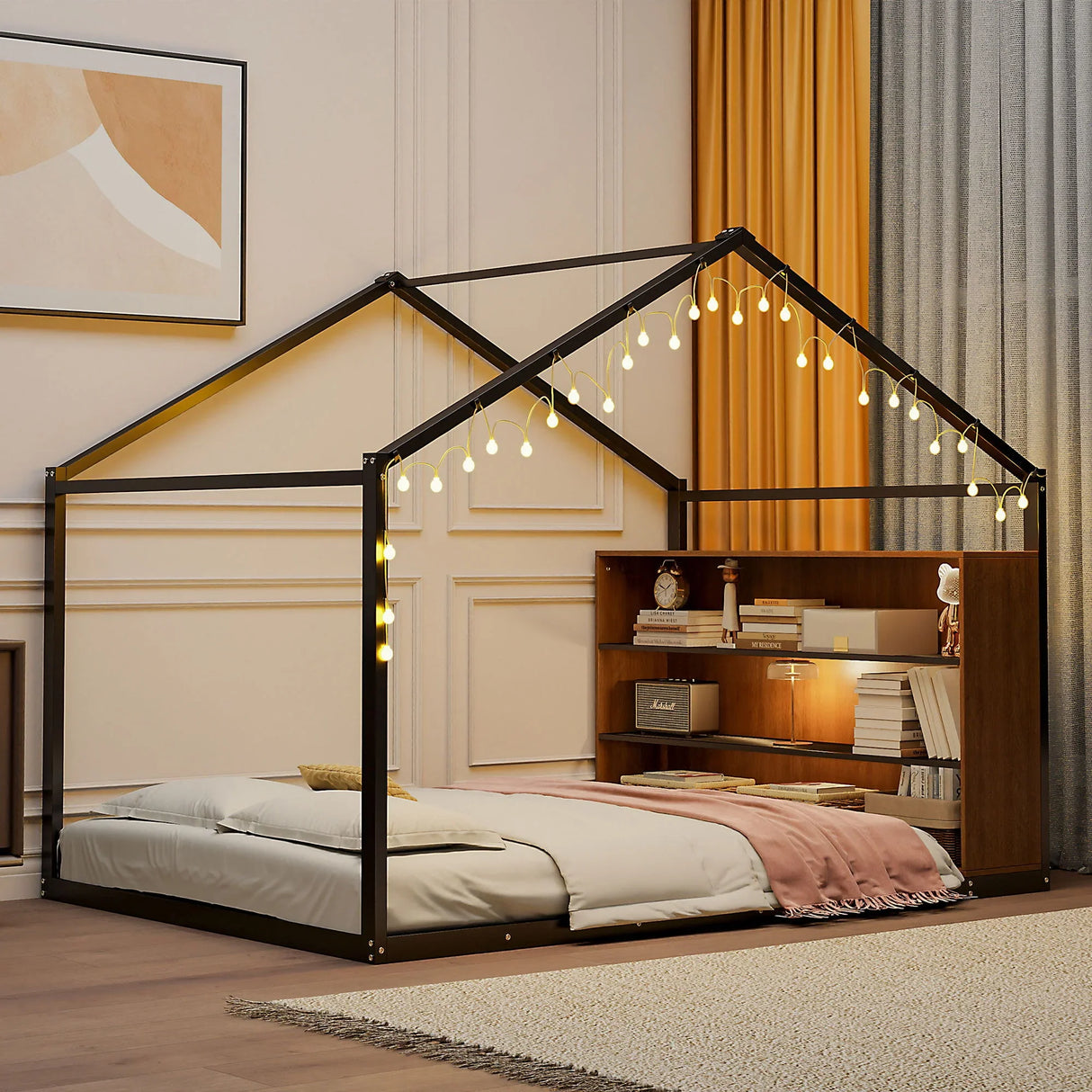 Bed House Frame With Shelves And Lights - Furniture Home Direct