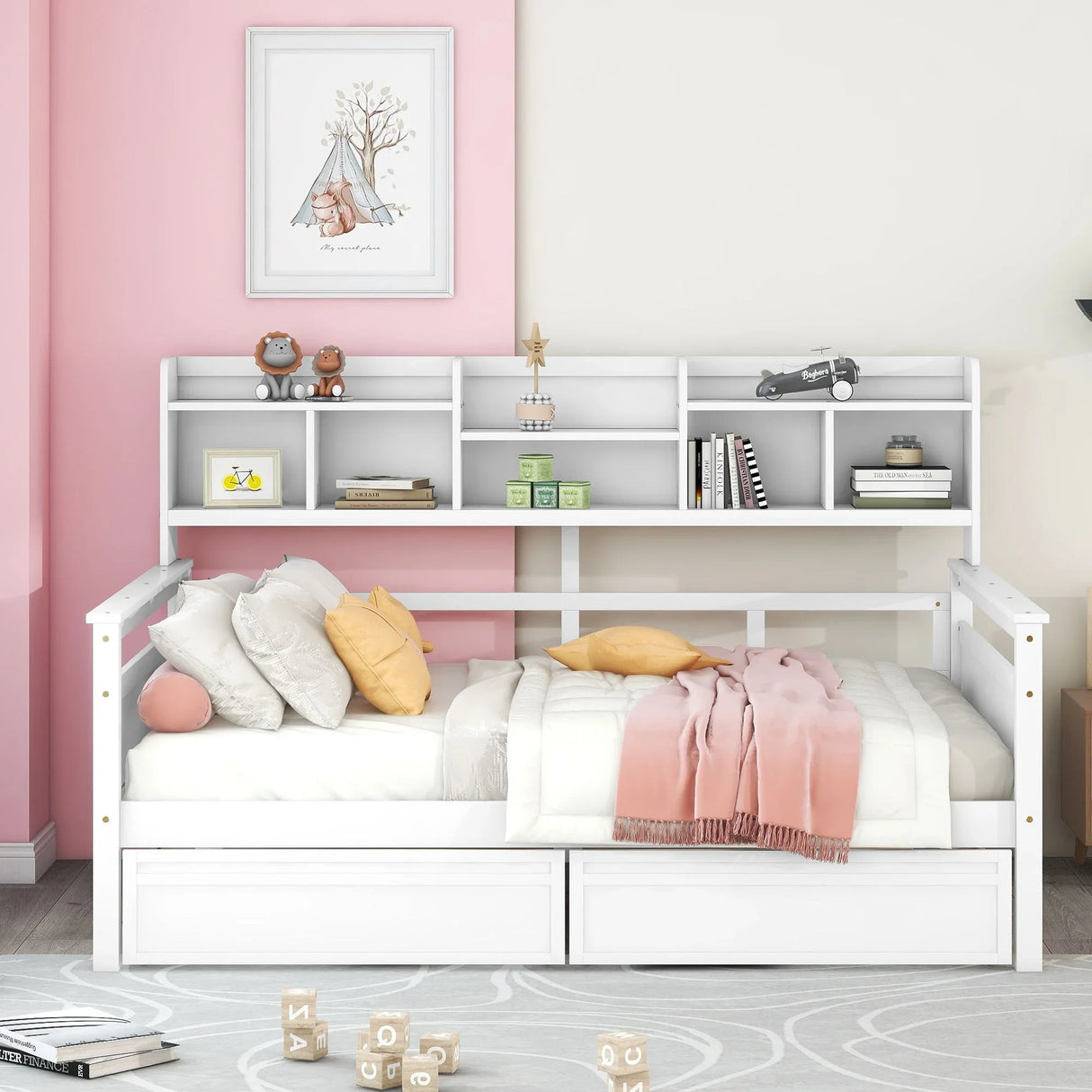Daybed, Wood Slat Support, With Bedside Shelves And Two Drawers - Furniture Home Direct