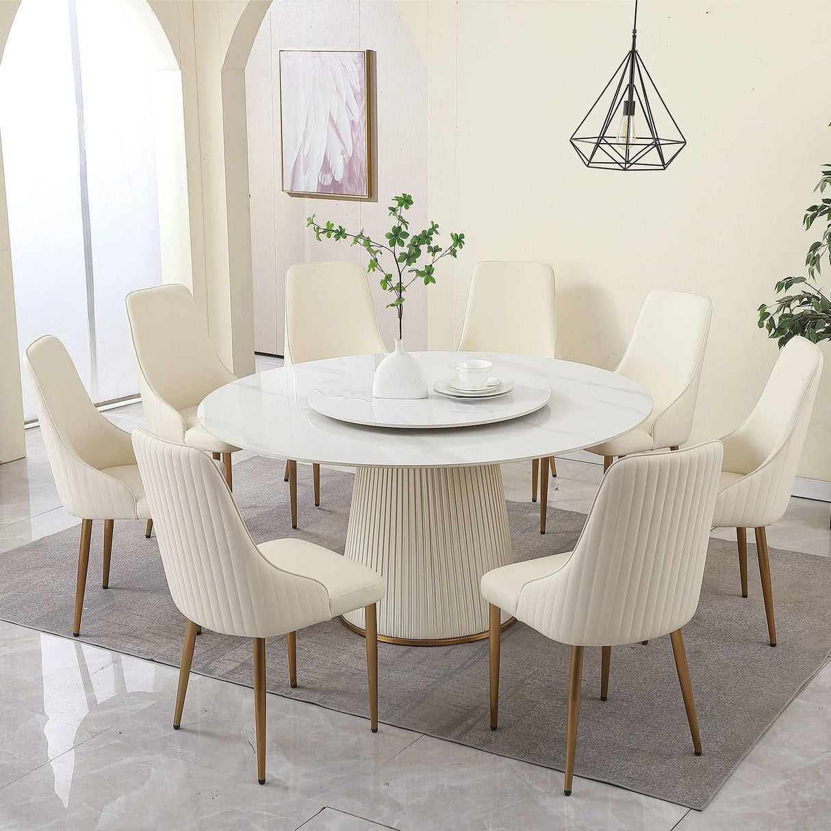 Modern Sintered Stone Dining Table With Round Turntable, Wood And Metal Pedestal, 8 Chairs - White - Furniture Home Direct