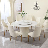 Modern Sintered Stone Dining Table With Round Turntable, Wood And Metal Pedestal, 8 Chairs - White - Furniture Home Direct