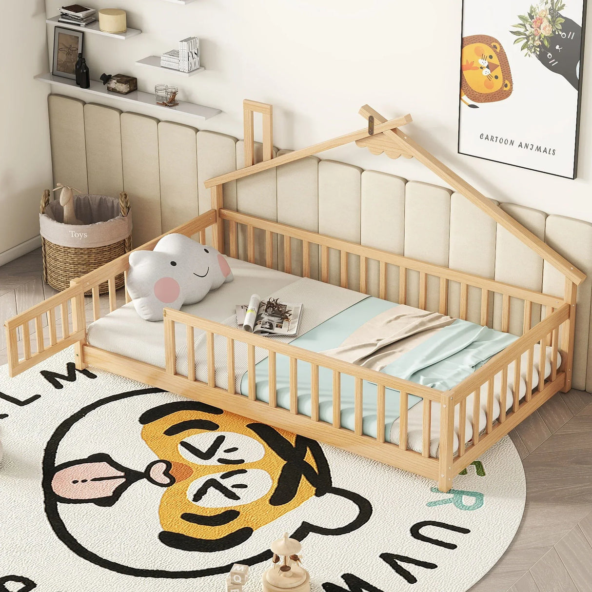 House-Shaped Bedside Floor Bed With Guardrails, Slats, With Door - Furniture Home Direct