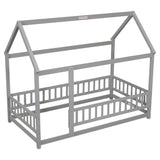 Floor Wooden Bed With House Roof Frame, Fence Guardrails - Furniture Home Direct