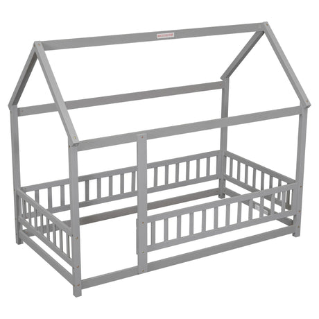 Floor Wooden Bed With House Roof Frame, Fence Guardrails - Furniture Home Direct