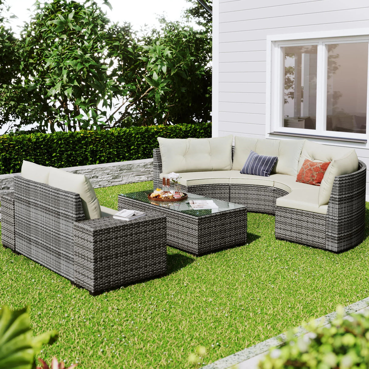 8 Pieces Outdoor Wicker Round Sofa Set, Half-Moon Sectional Sets All Weather, Curved Sofa Set With Rectangular Coffee Table, PE Rattan Water-Resistant And UV Protected, Movable Cushion - Furniture Home Direct