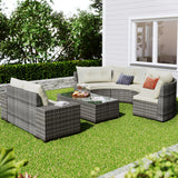 8 Pieces Outdoor Wicker Round Sofa Set, Half-Moon Sectional Sets All Weather, Curved Sofa Set With Rectangular Coffee Table, PE Rattan Water-Resistant And UV Protected, Movable Cushion - Furniture Home Direct