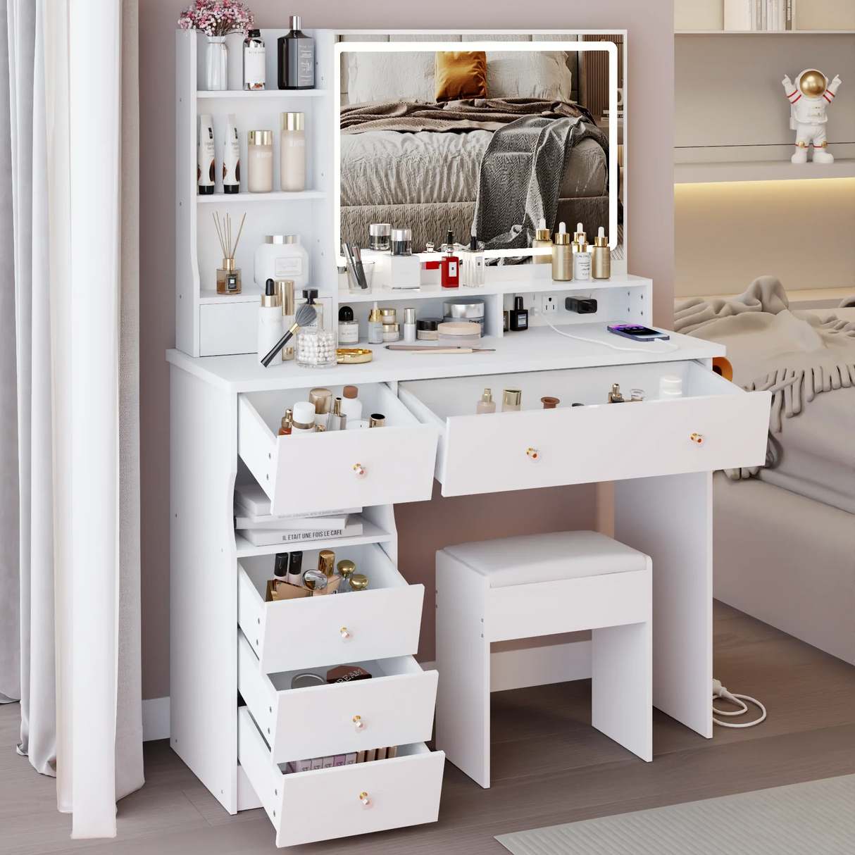 Vanity Desk Set With Cushioned Stool And Large Mirror White - Furniture Home Direct