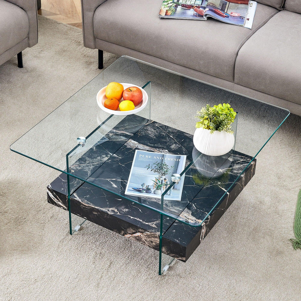 Modern 2 Tier Square Coffee Table, Elegant Marble Pattern - Furniture Home Direct