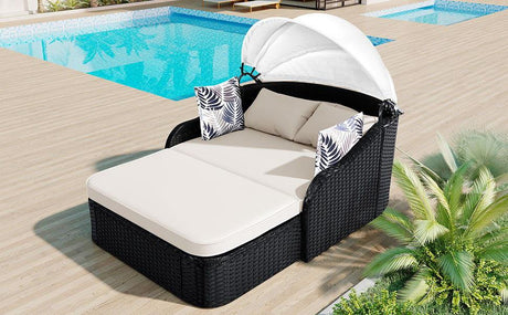Outdoor Sunbed With Adjustable Canopy, Double Lounge, Daybed - Black / Beige - Furniture Home Direct