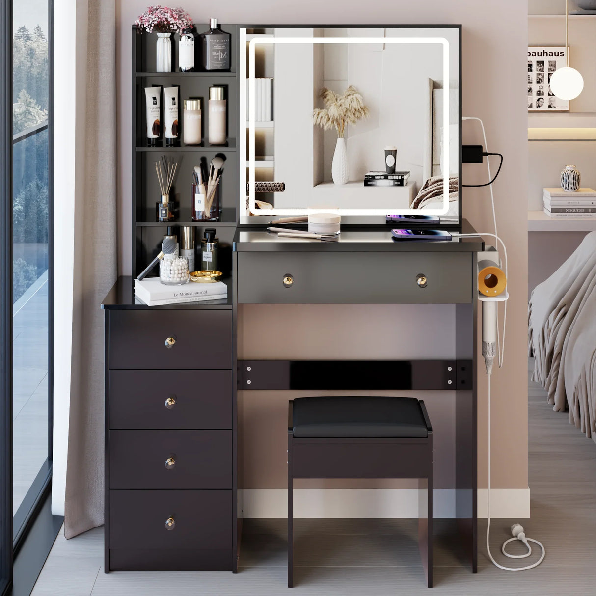 Vanity Table with Cushioned Stool Modern Finish Black - Furniture Home Direct