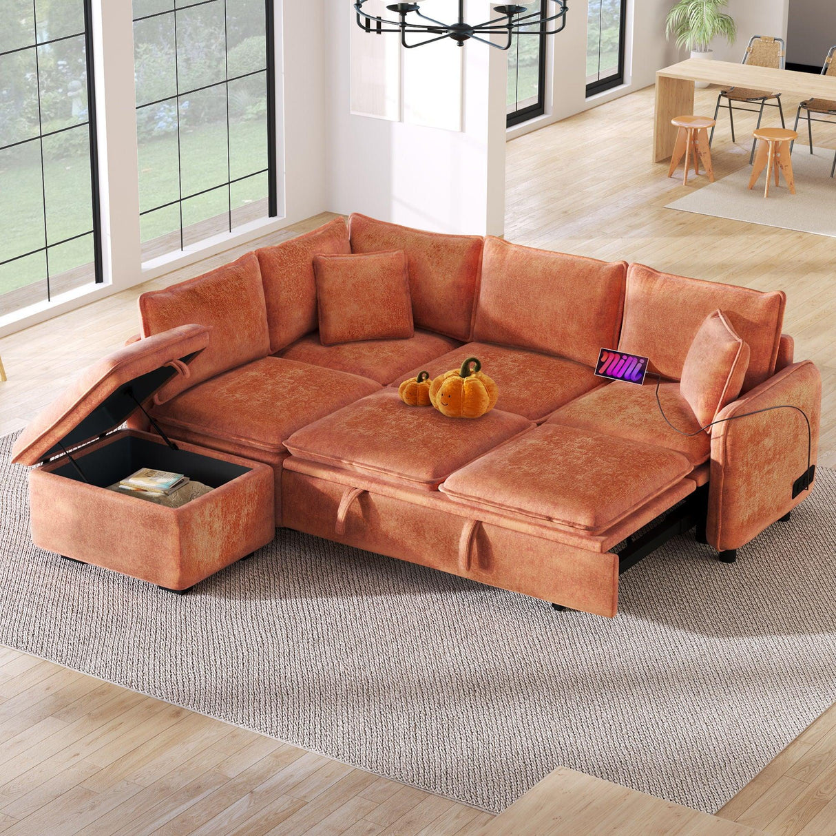 Convertible Sofa Bed Sectional Sofa Sleeper L-Shaped Sofa With A Storage Ottoman, Two Pillows, Two Power Sockets And Two USB Ports For Living Room - Furniture Home Direct