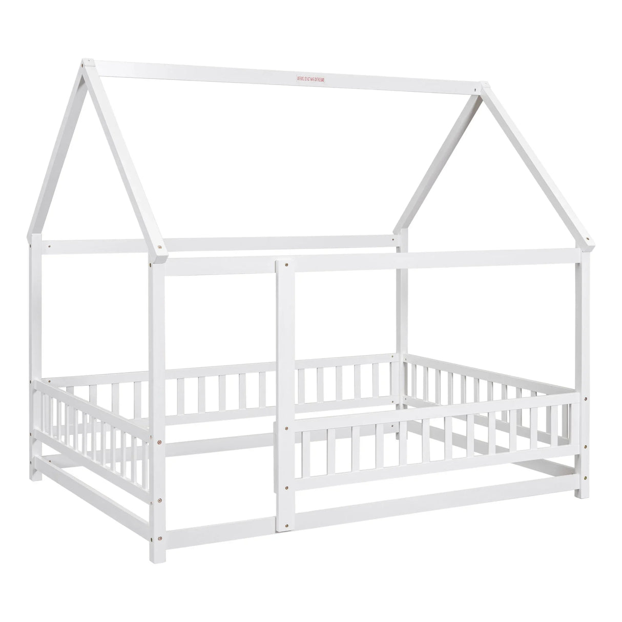 Floor Wooden Bed With House Roof Frame, Fence Guardrails - Furniture Home Direct