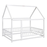 Floor Wooden Bed With House Roof Frame, Fence Guardrails - Furniture Home Direct