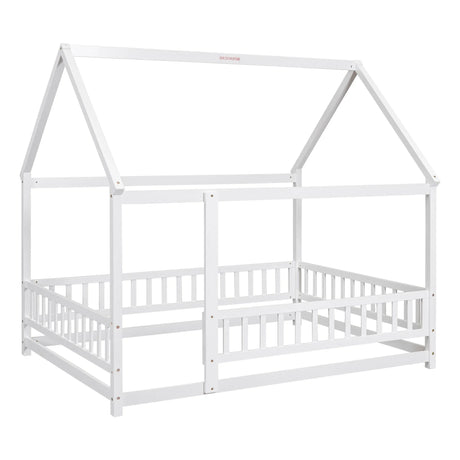 Floor Wooden Bed With House Roof Frame, Fence Guardrails - Furniture Home Direct