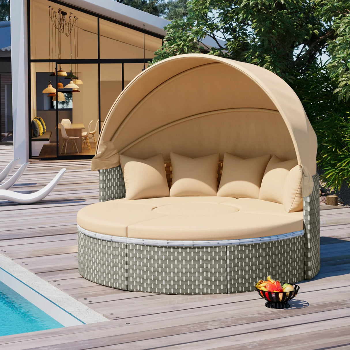 Outdoor Daybed With Canopy Weatherproof Rattan Beige - Furniture Home Direct