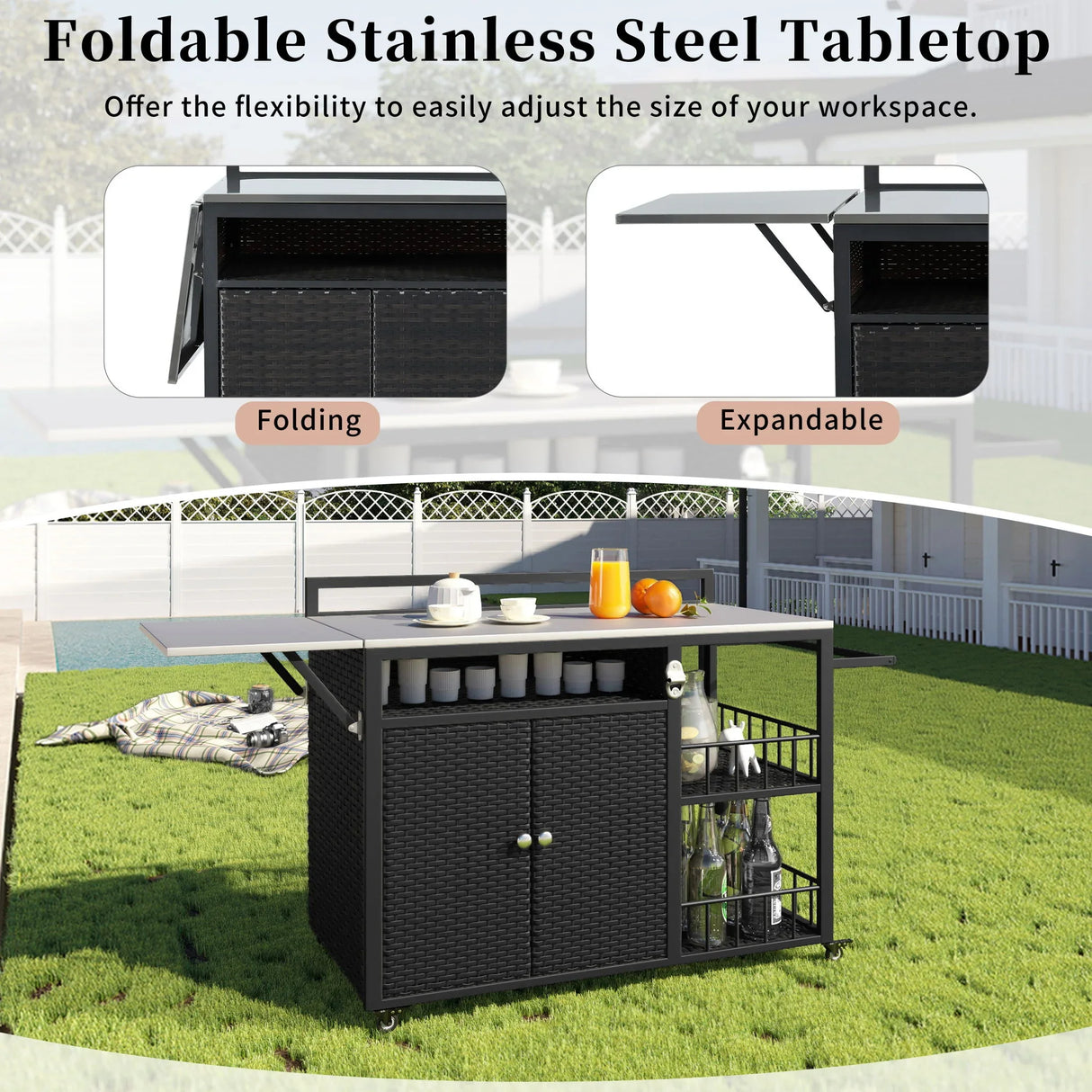 Outdoor Kitchen Island With Storage, Cooking Station, Grill Cart, Foldable Tabletop, And Bottle Opener - Dark Brown - Furniture Home Direct