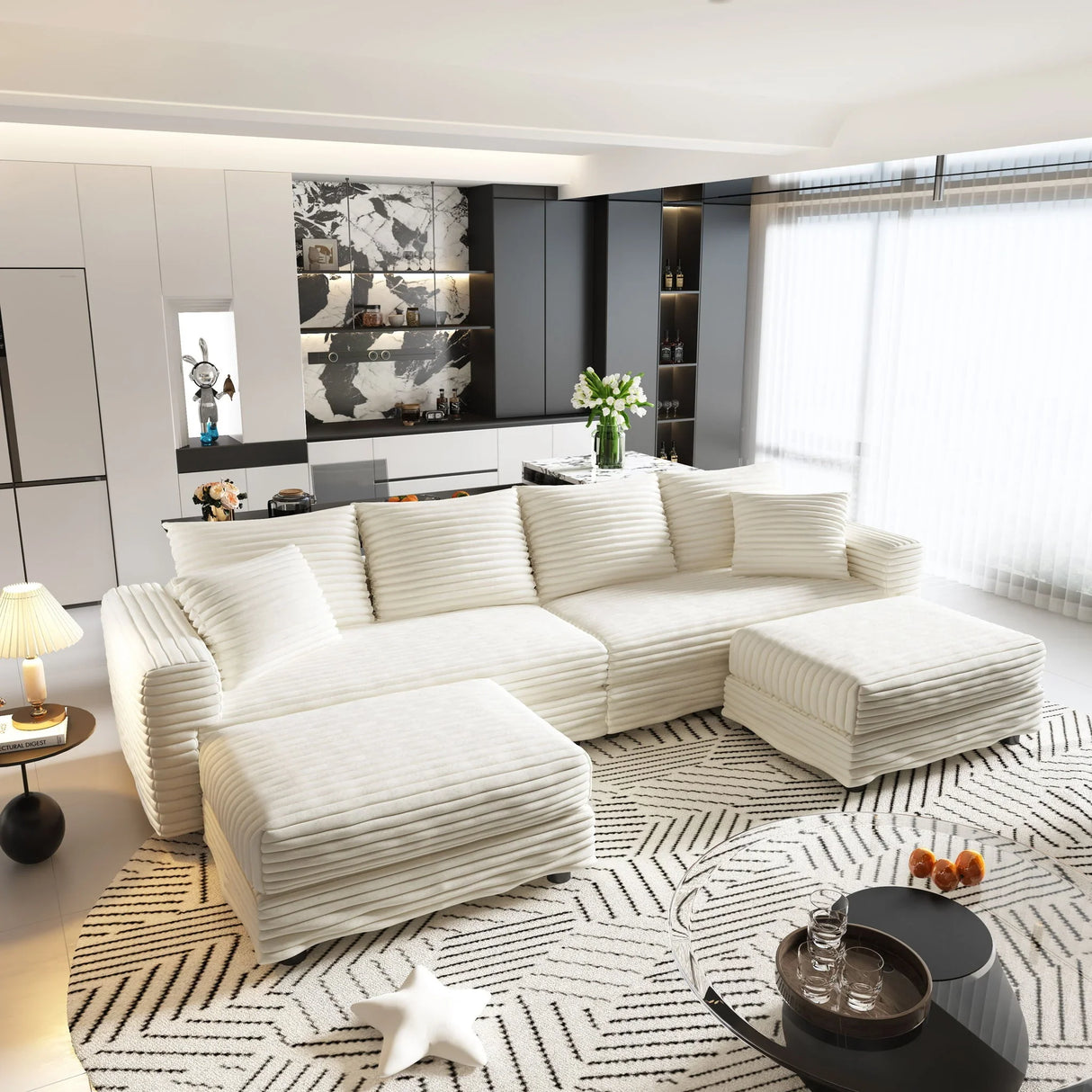 Deep Seat Convertible Sofa With Soft Pillows And Ottomans - Furniture Home Direct