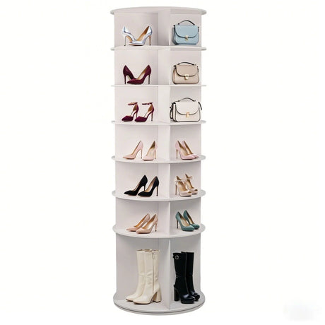7 Tier Rotating Shoe Rack With High Base Design, Freestanding 360° Organizer For 28 Pairs - White - Furniture Home Direct
