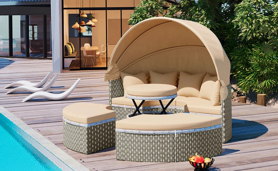 Outdoor Daybed With Canopy Weatherproof Rattan Beige - Furniture Home Direct