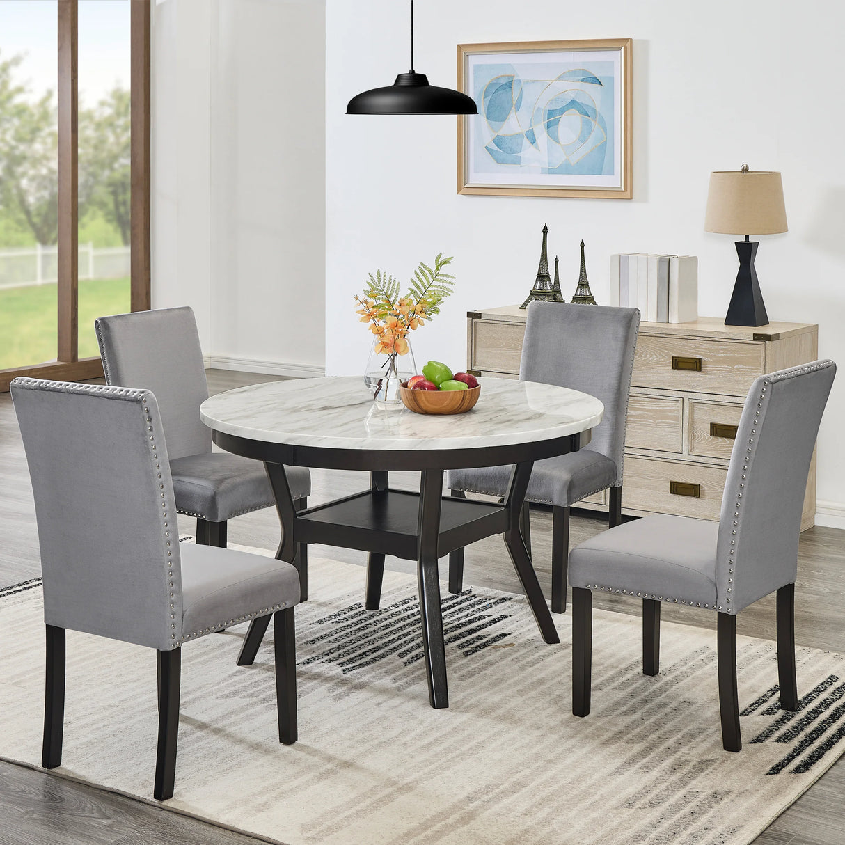 Dining Set Round Marble Table With Velvet Chairs Gray - Furniture Home Direct