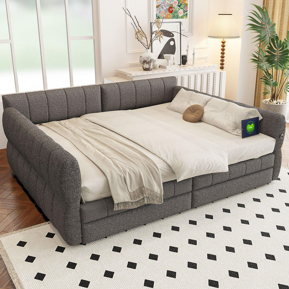 Upholstered Platform Bed With USB And 2 Drawers - Furniture Home Direct