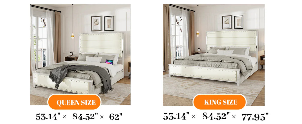 Queen Bed With Upholstered Headboard And Wood Frame Beige - Furniture Home Direct