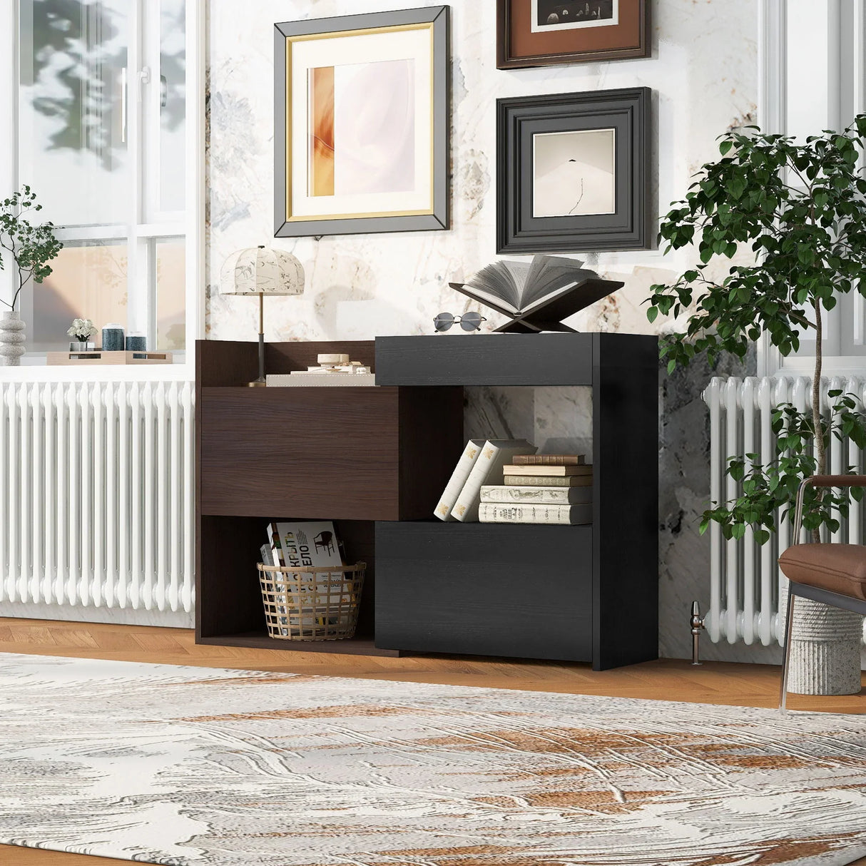 Modern Extendable & Rotating Cabinet With Drawer And Flip Doors For Versatile Storage - Black / Dark Walnut - Furniture Home Direct