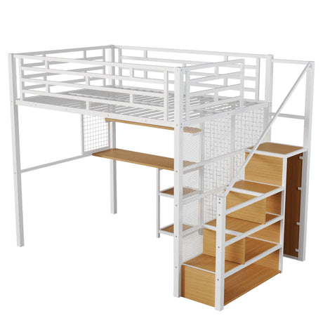 Metal Loft Bed With Wardrobe, Desk, Storage Shelves - Furniture Home Direct