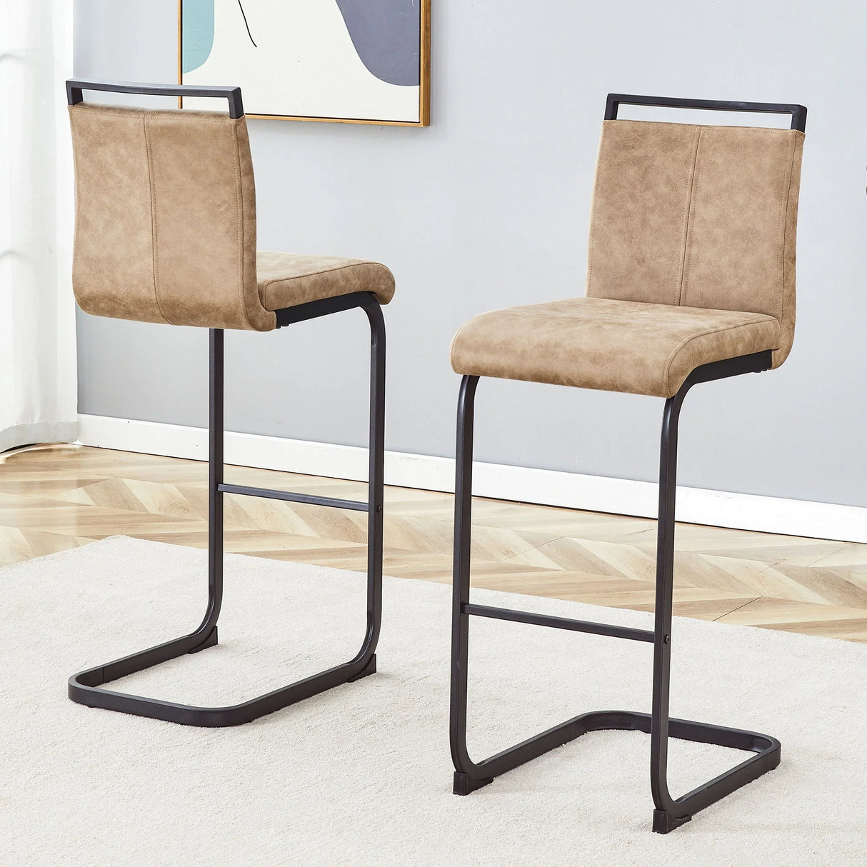 Modern Tech Fabric Bar Stool (Set of 2) With Metal Legs 42.5" Tall For Home Bar & Restaurant - Black / Brown - Furniture Home Direct