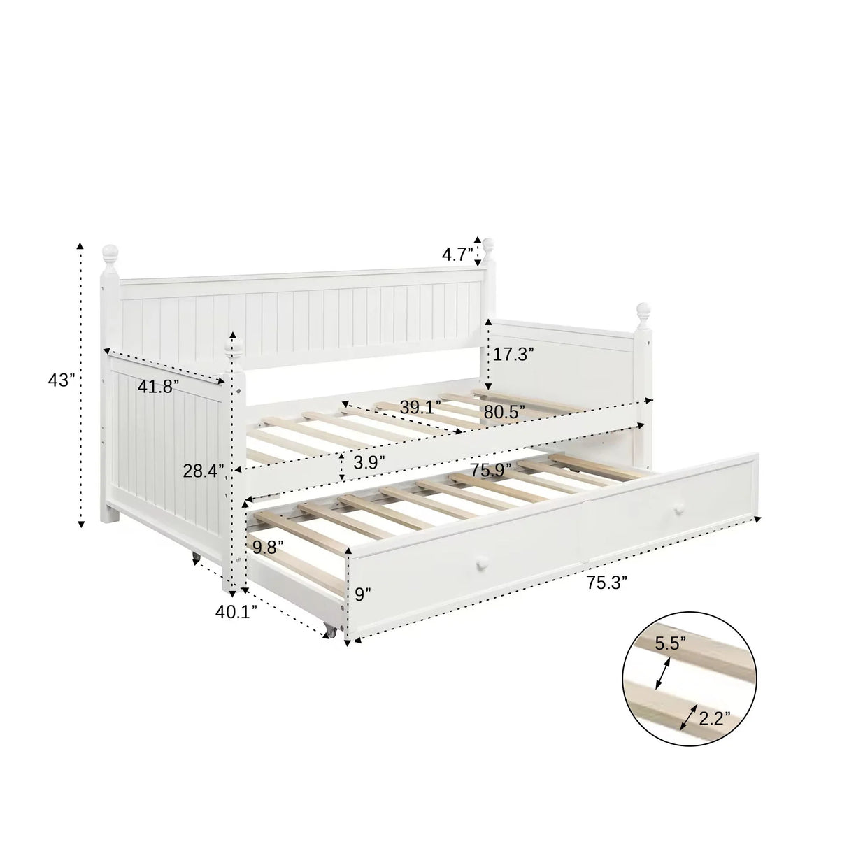 Twin Size Daybed & Twin Size Trundle - White - Furniture Home Direct