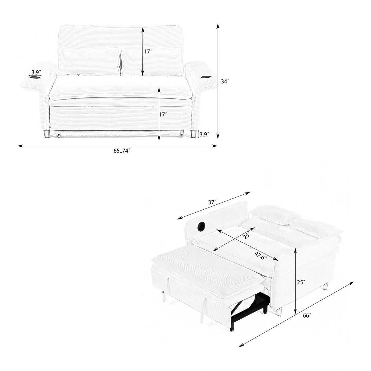 Modern Fabric Multi-Functional Sofa Bed With Adjustable Armrests And Backrests - Furniture Home Direct