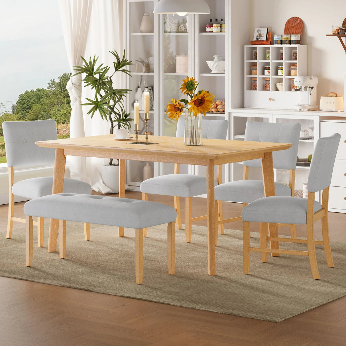 Rustic Farmhouse Dining Room Rectangular Table With 4 Upholstered Chairs And Bench - Furniture Home Direct