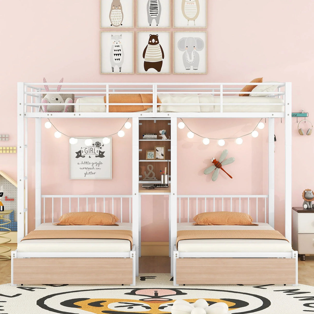 Triple Bunk Bed With Drawers, Multi-Functional Frame With Desks And Shelves In The Middle - Furniture Home Direct