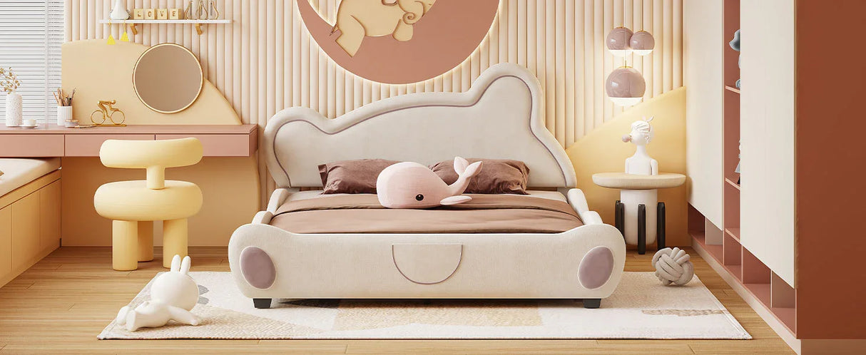 Kids Bed Bear Headboard with BuiltIn Storage Beige - Furniture Home Direct