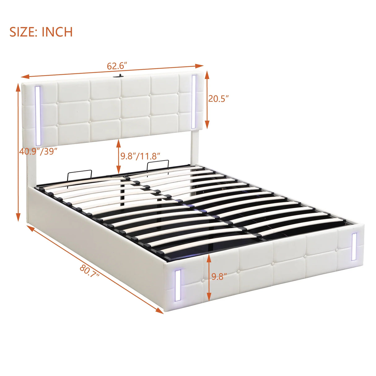 Storage Bed With LED Lights And Hydraulic Lift White - Furniture Home Direct