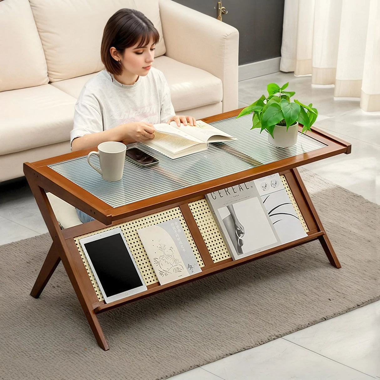 Rattan Coffee Tables For Living Room, Mid Century Modern Coffee Table With Glass Top, Large Boho Center Table With Storage - Brown - Furniture Home Direct