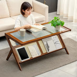 Rattan Coffee Tables For Living Room, Mid Century Modern Coffee Table With Glass Top, Large Boho Center Table With Storage - Brown - Furniture Home Direct
