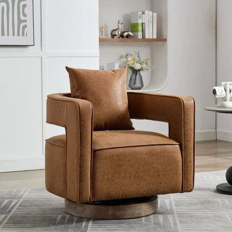 Swivel Accent Open Back Barrel Chair With Weathered Base - Furniture Home Direct