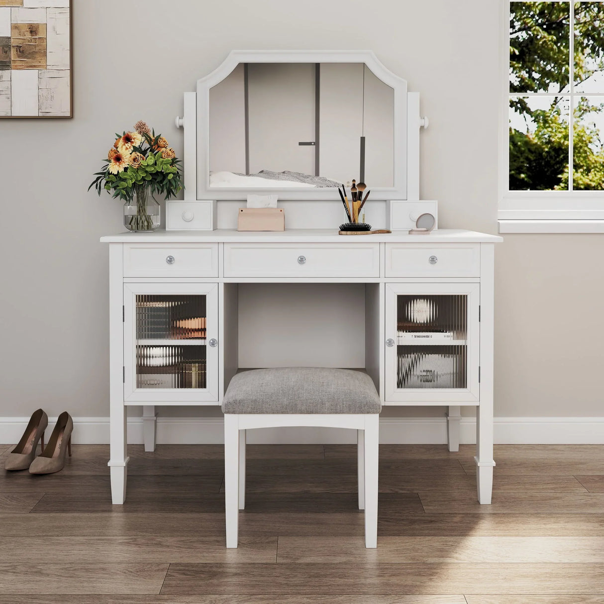 Elegant Makeup Vanity Desk With Adjustable Mirror And Storage And Construction - White - Furniture Home Direct