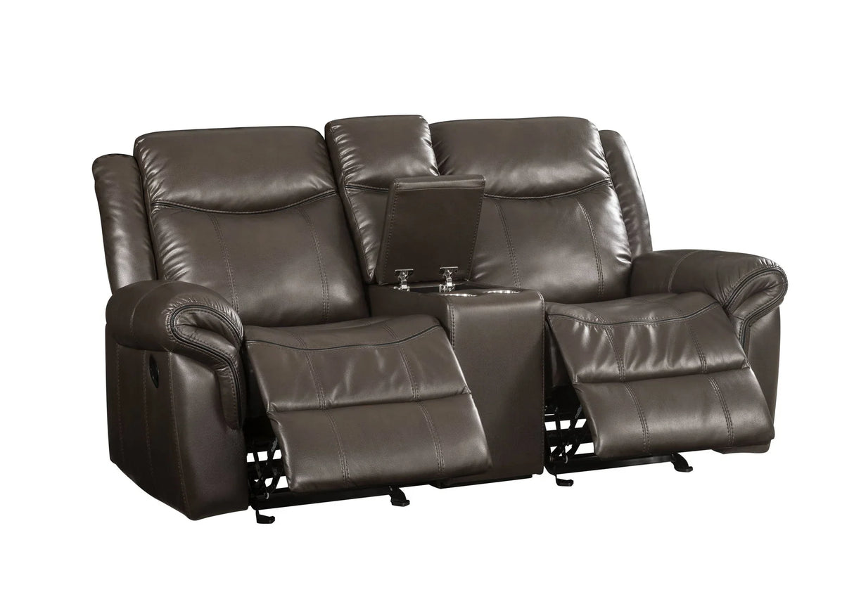 Lydia - Leather Aire Motion Loveseat With USB Console - Brown - Furniture Home Direct